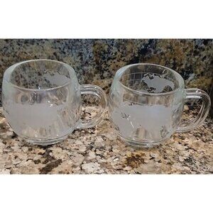 2 Nestle World Globe Frosted Cups 70's Etched Glass Coffee Mug Set x 2  VTG #S2